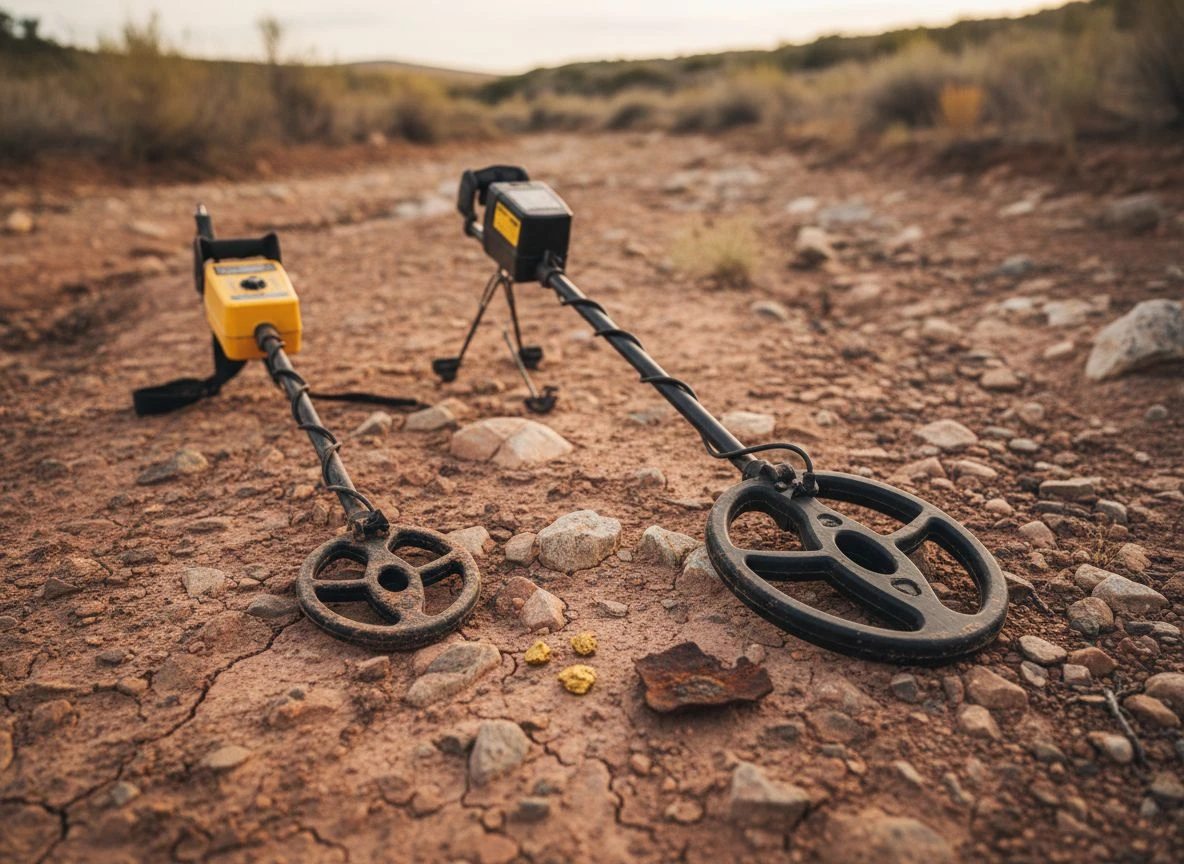Two gold detectors side by side on rocky ground with small gold nuggets and rusty iron between them