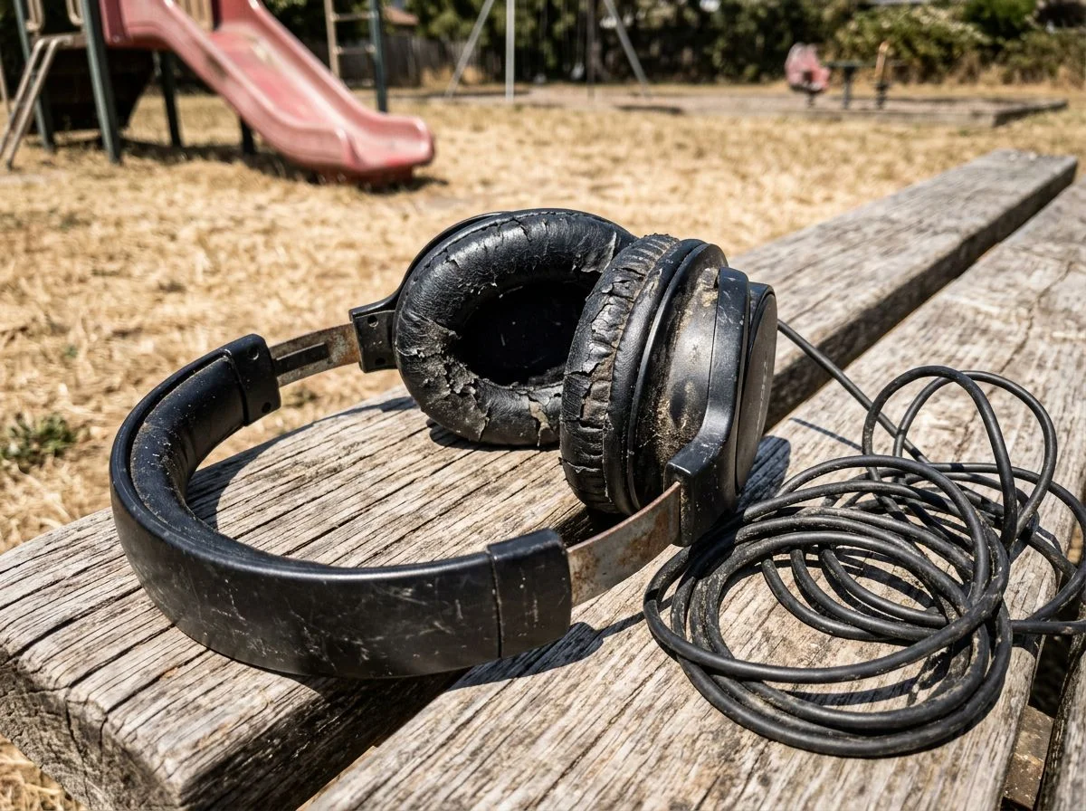 Cracked and sweat-stained over-ear headphones on a sunlit park bench, showing summer heat damage