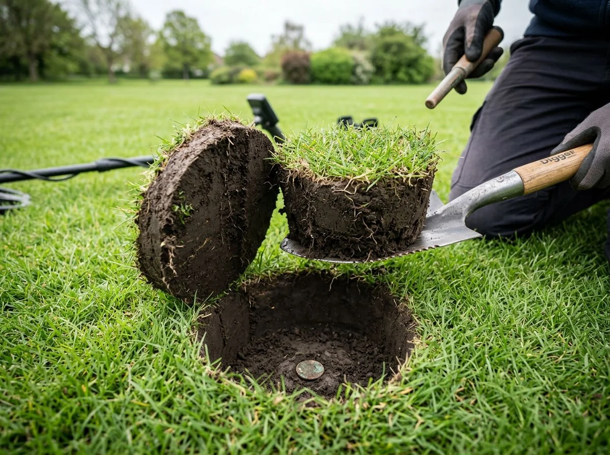 A hinged grass plug opened with a shovel in a park lawn, revealing a clean cut and a metal target in the clay below.