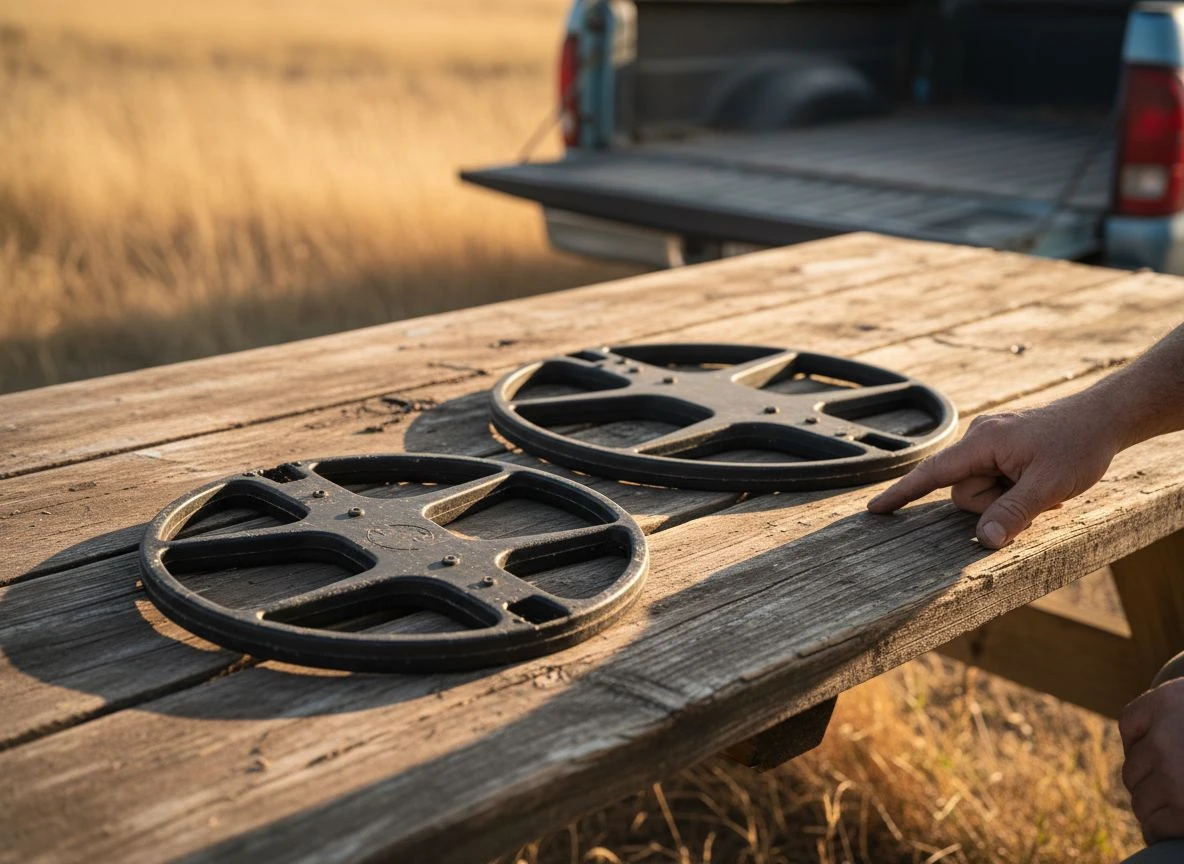 Two metal detector coils on a weathered wooden table, one large and one standard, with dirty hands