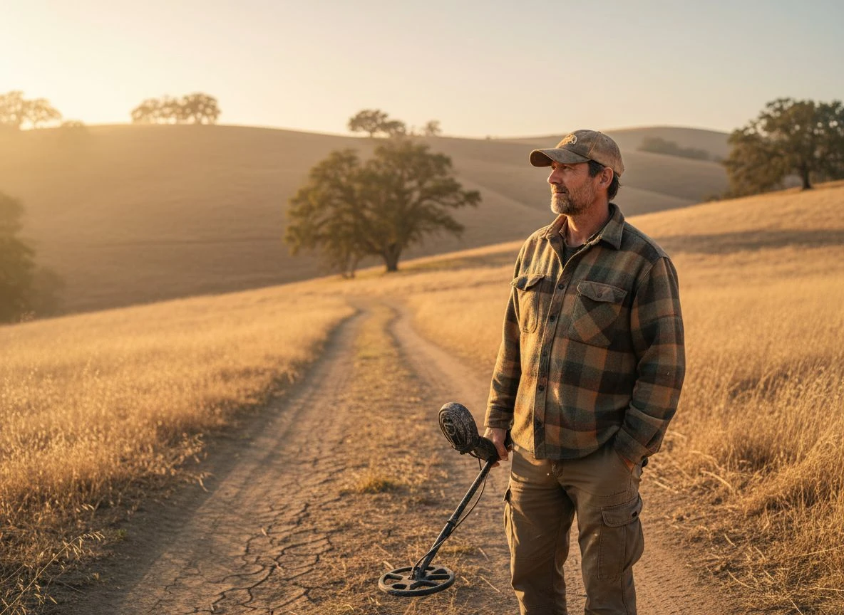 Detectorist in flannel shirt standing in golden field at sunset, holding metal detector