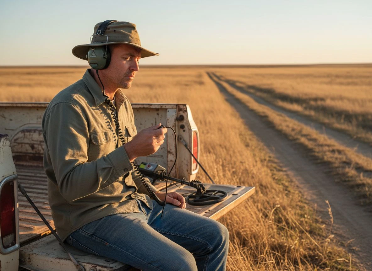 Detectorist wearing headphones, sitting on pickup tailgate, adjusting volume