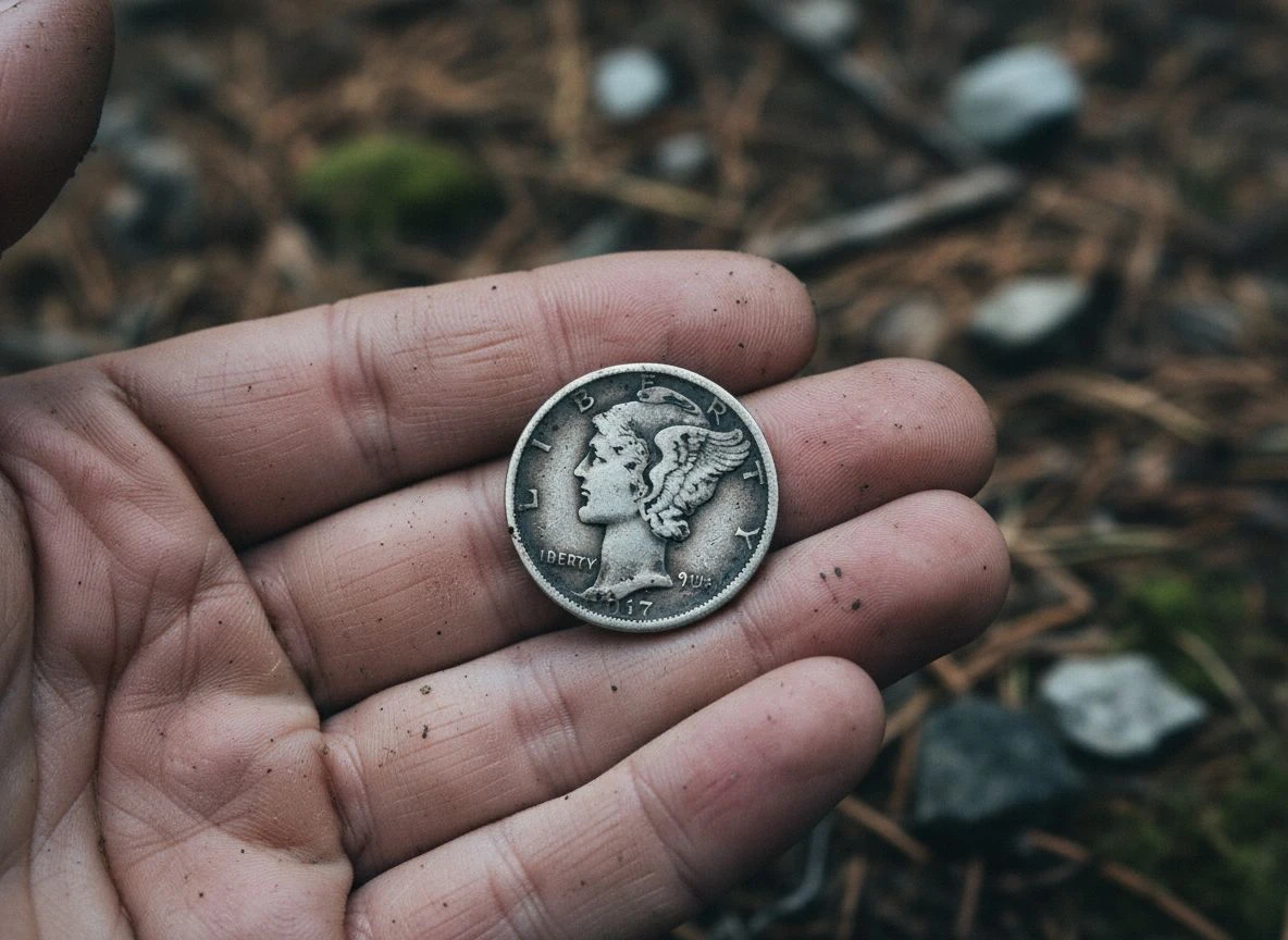 1917 Mercury dime resting in a dirty palm against a forest floor background