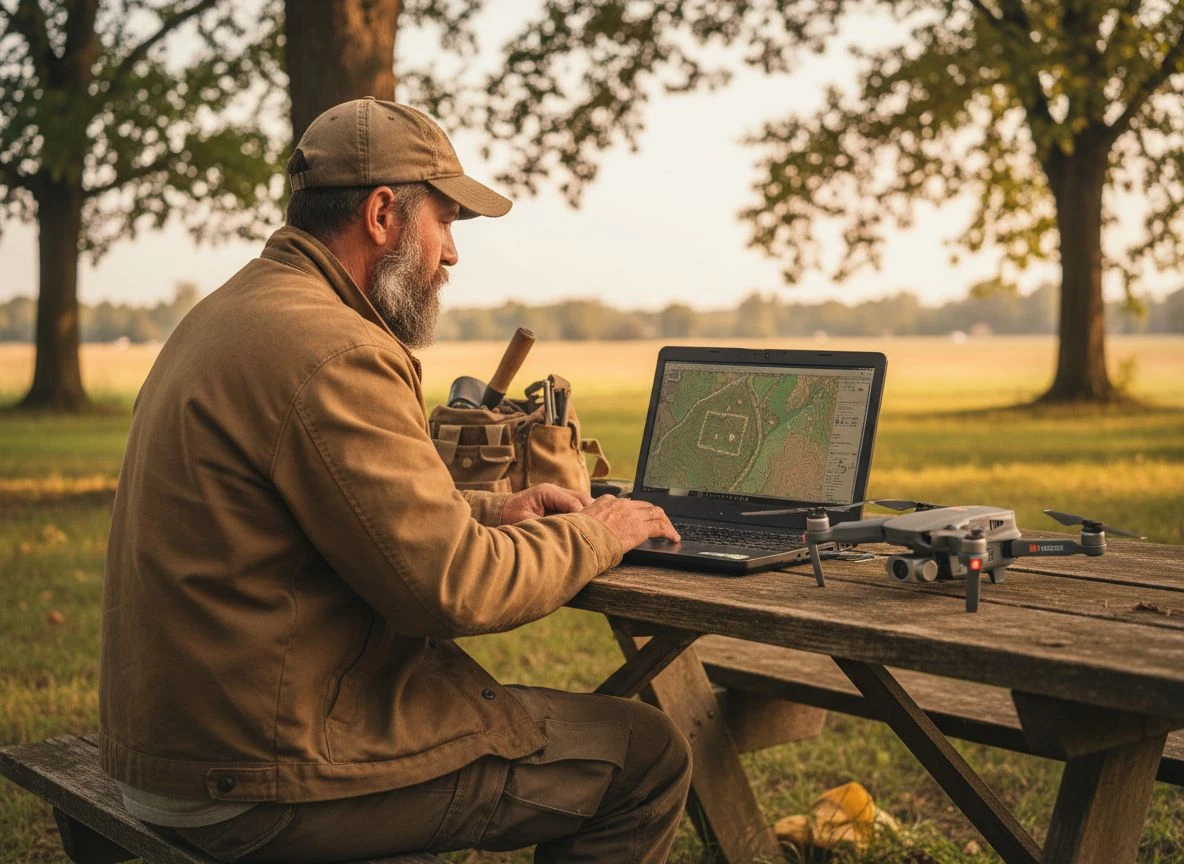 Metal detectorist reviewing LiDAR data on a laptop with a drone on the table