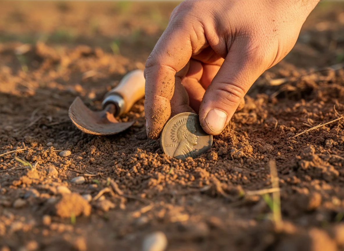 Dirty hand brushing soil off an 1882 Indian Head penny just uncovered in a field