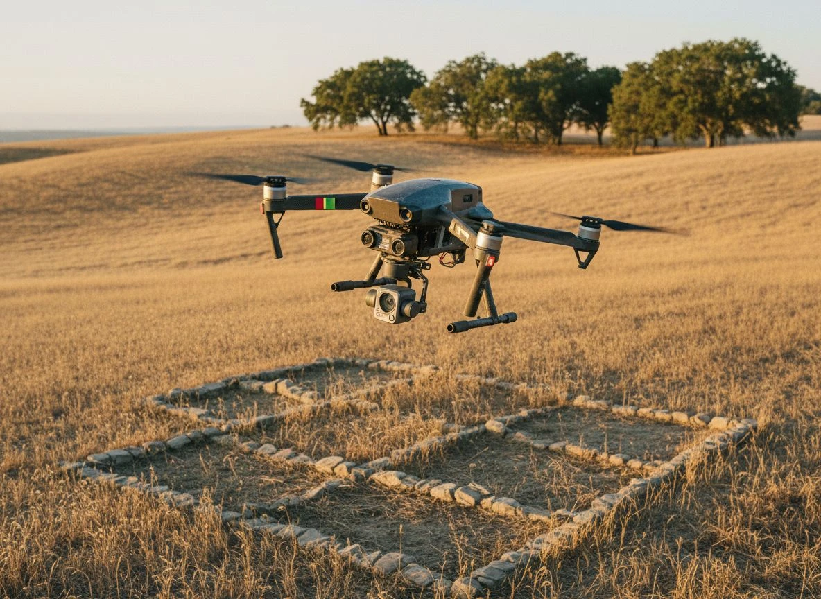 Drone with thermal and multispectral sensors flying over a California field at golden hour, revealing buried foundations below