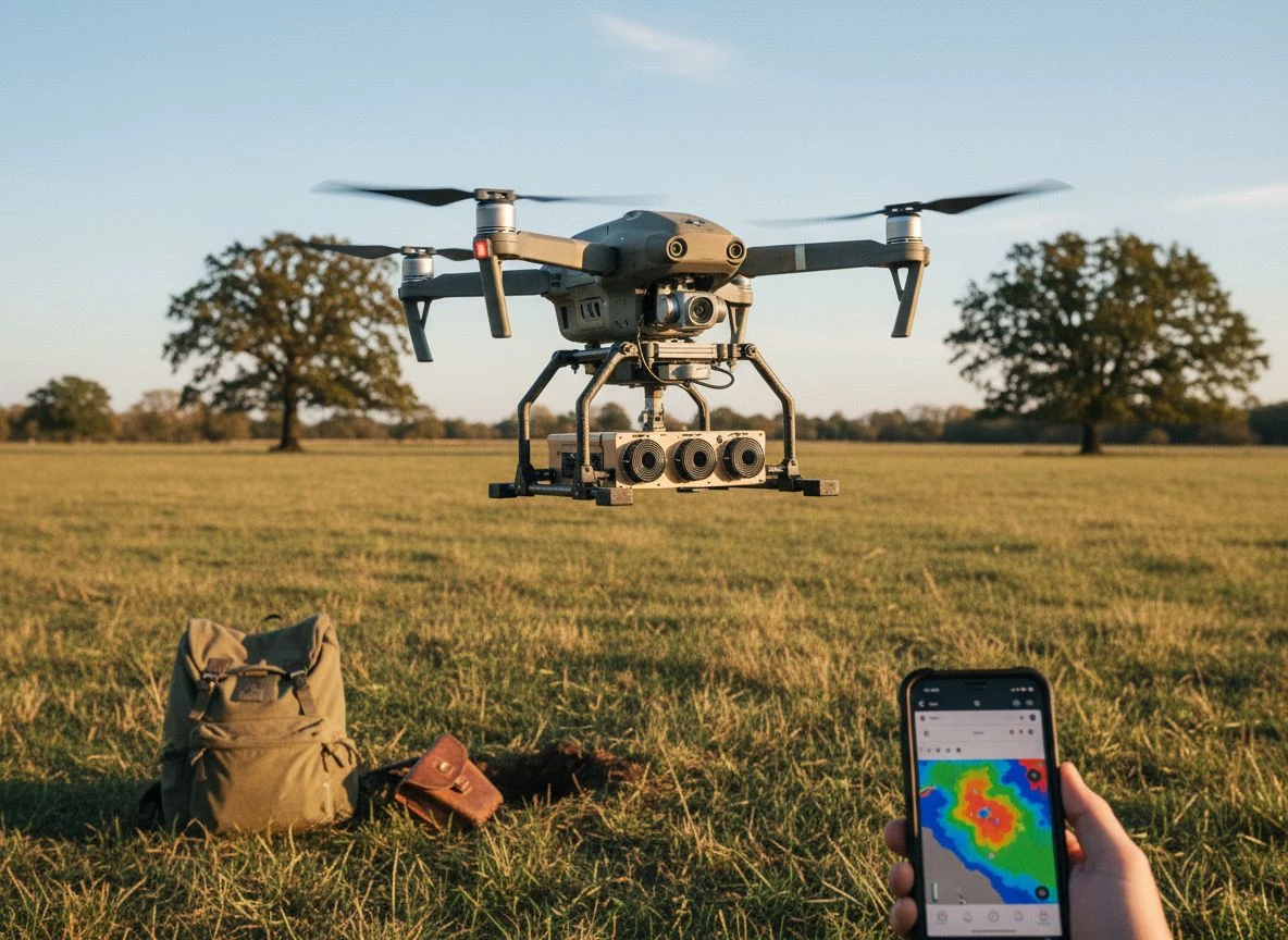 Drone with metal detection sensor flying over a field, smartphone showing real-time underground scan results