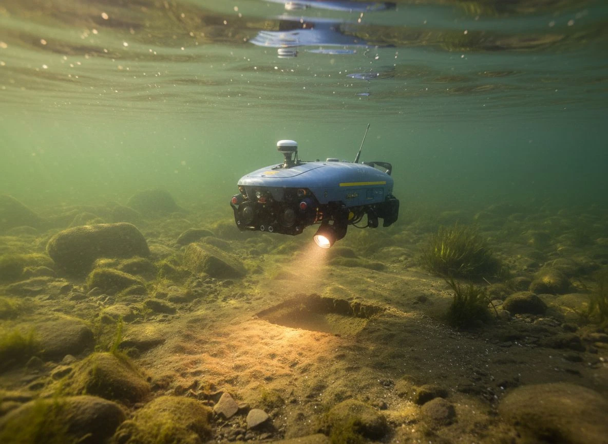Underwater drone exploring a riverbed with a buried object visible in the sediment