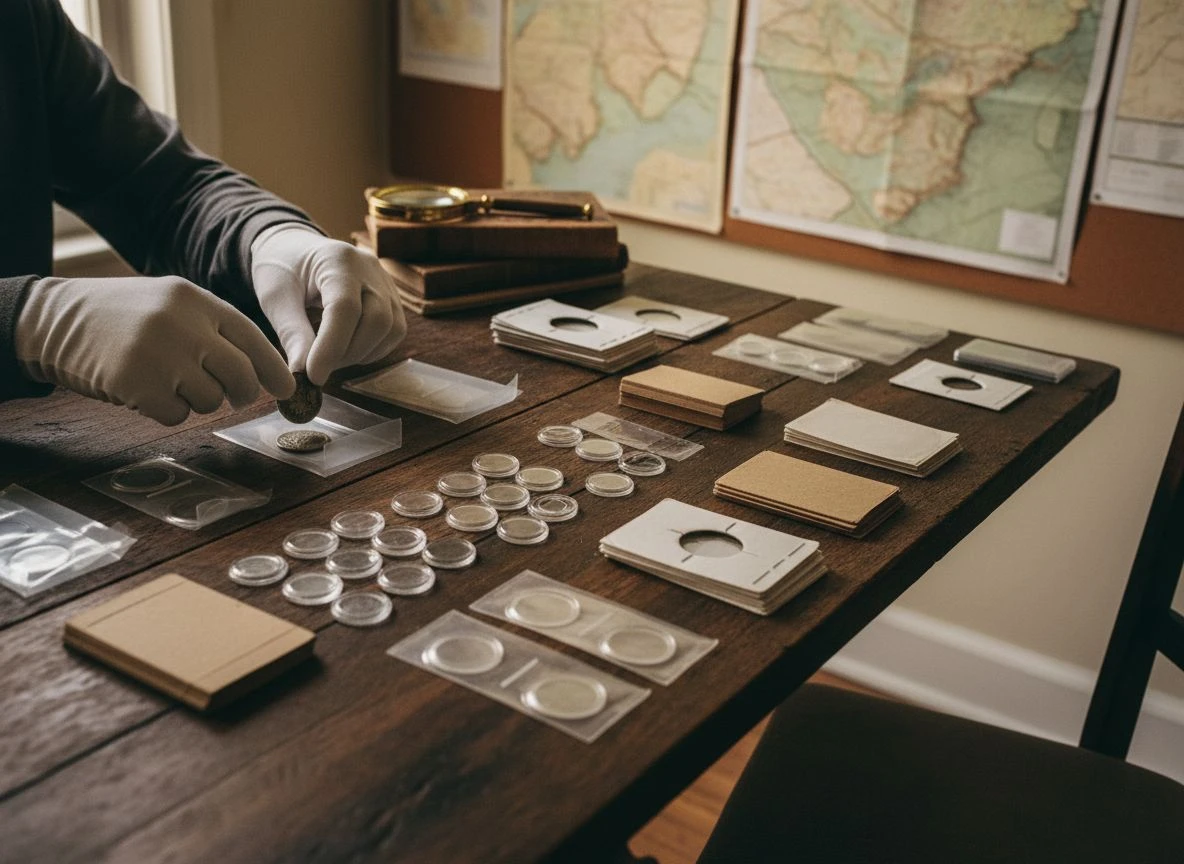 Archival coin storage materials like Mylar flips and acrylic capsules on a wood table, with gloved hands handling a coin.
