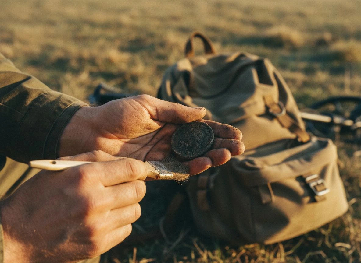 Hands gently brushing mud off a dug coin with a soft paintbrush in a grassy field during golden hour.