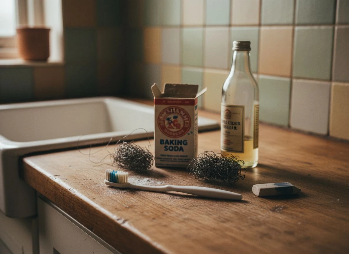 Harmful coin cleaning items including toothbrush, baking soda, vinegar, steel wool, and eraser on a wooden counter.