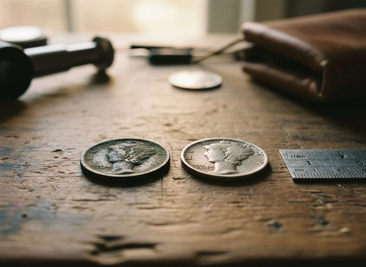Comparison of a patinated 1920 Mercury dime and a cleaned, scratched Mercury dime on a wooden table with a ruler for scale.