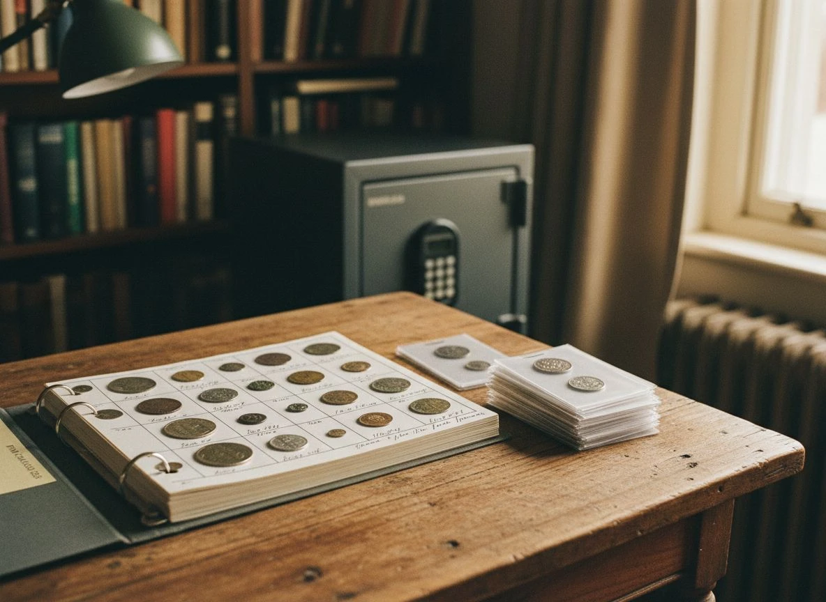 Open binder with printed find photos and notes, next to a fireproof safe and coin flips.