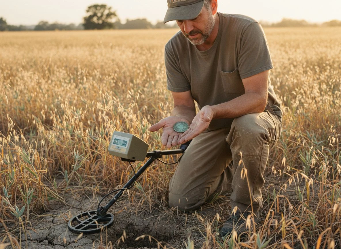 Detectorist kneeling in field, holding a seated Liberty dime in his palm, metal detector beside him, golden hour light.
