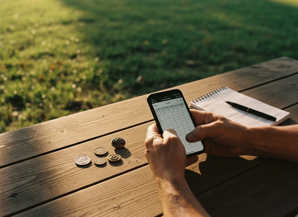 Hands holding a smartphone showing a finds catalog spreadsheet, with coins and relics on a wooden table.