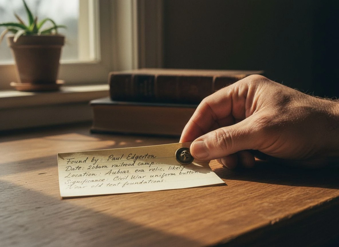Hand holding a corroded brass button next to a handwritten provenance note card on a wooden desk.