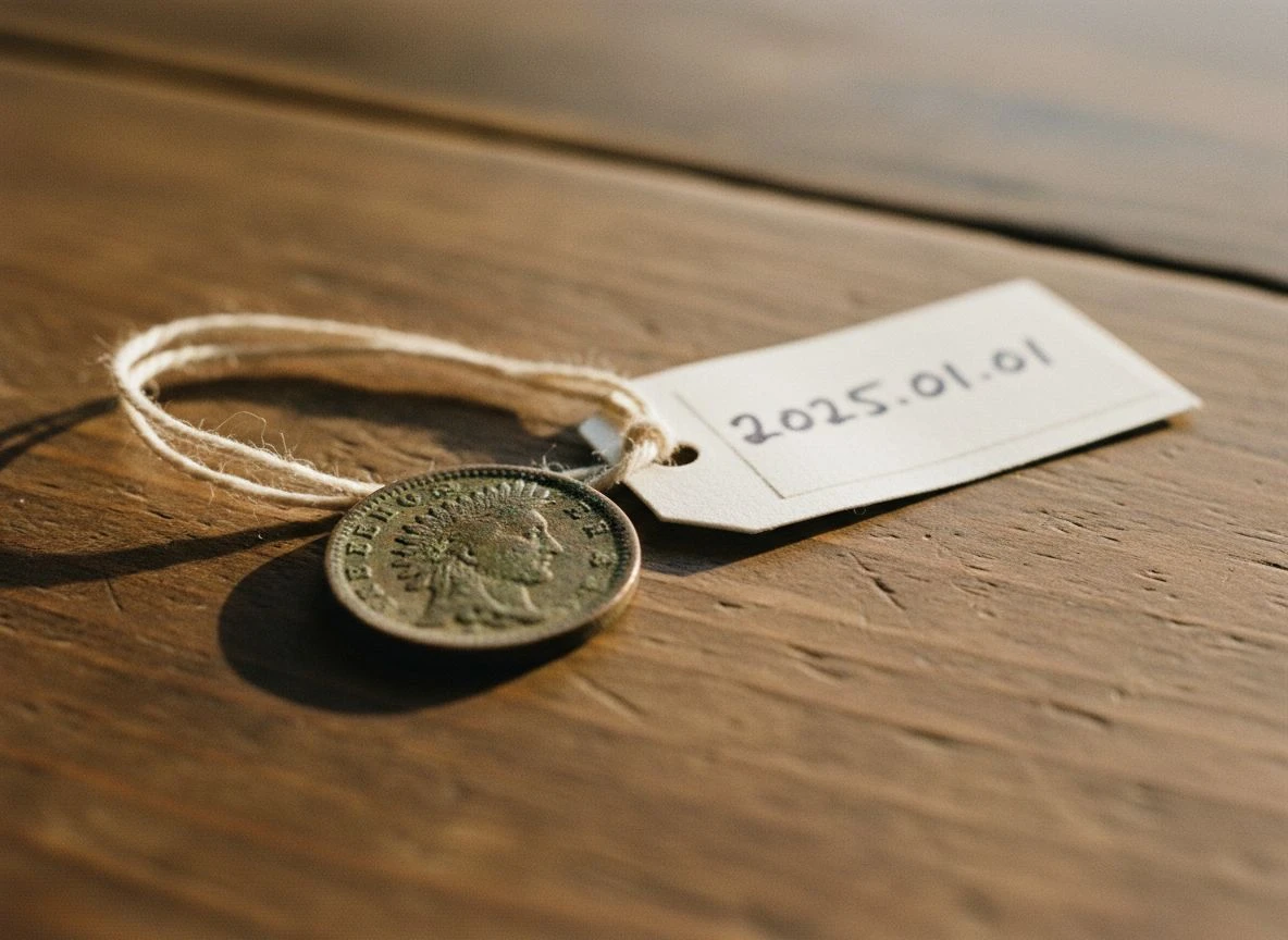 Close-up of an 1890s Indian Head cent with a handwritten Tyvek tag attached by string, resting on wood.