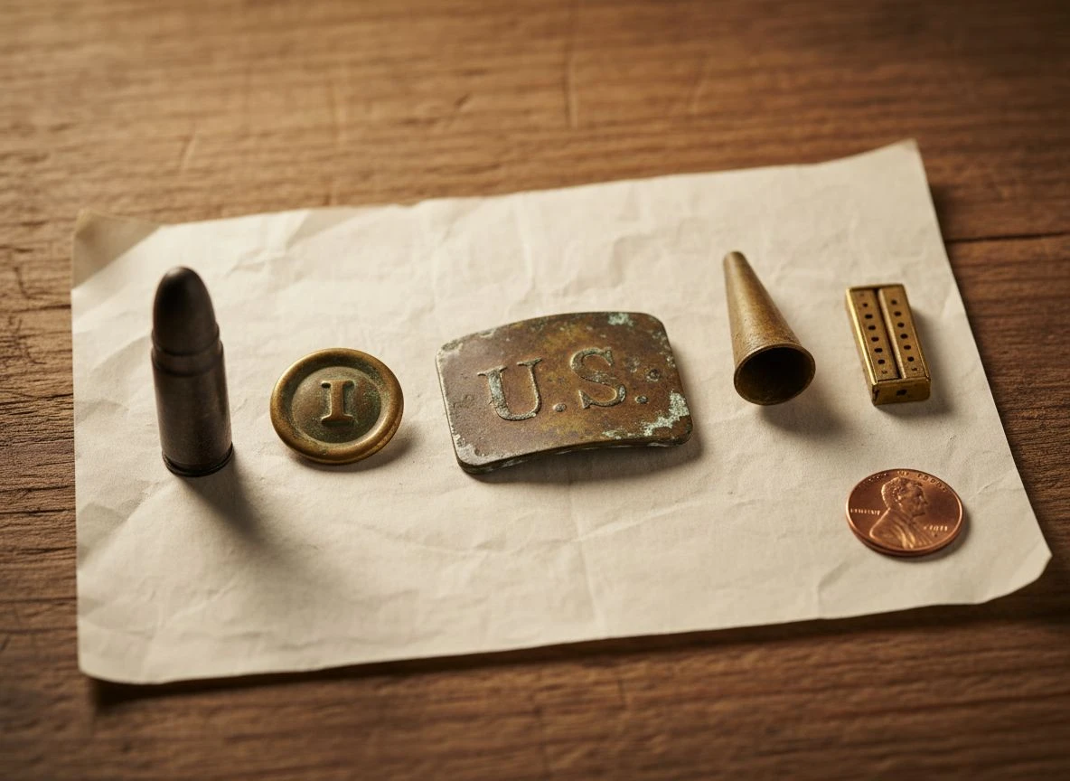Overhead layout of common Civil War detecting finds including bullets, buttons, and a buckle on paper with a penny for scale.