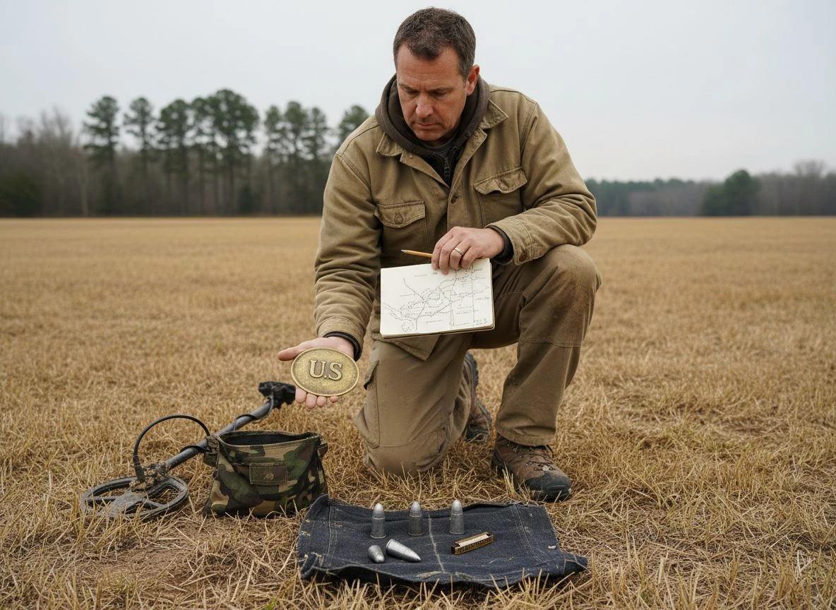 Detectorist kneeling in a field, sketching find locations in a notebook next to a belt plate and other relics.