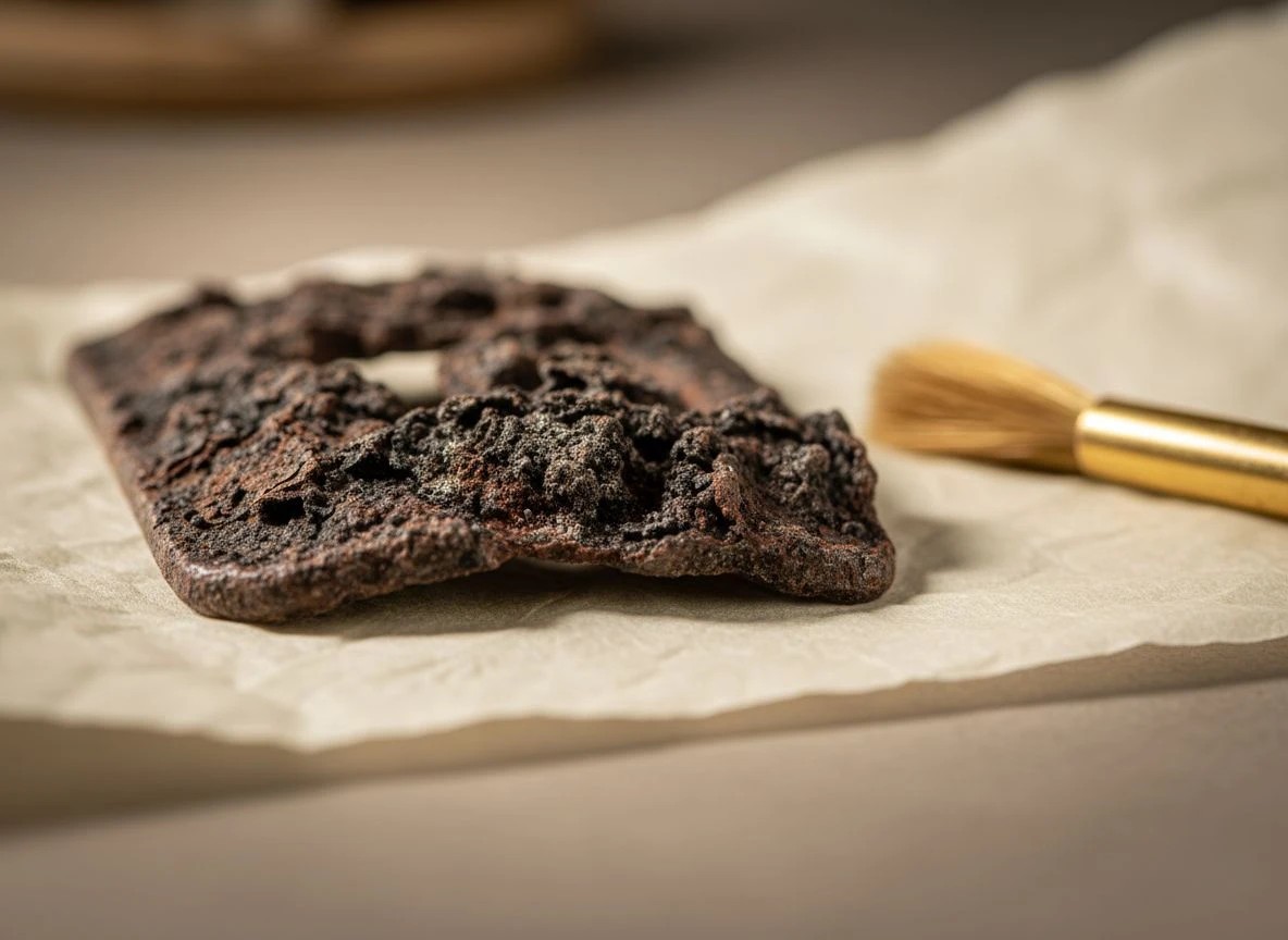 Extreme close-up of a flaky, corroded iron relic showing destructive 'metal cancer' oxidation.
