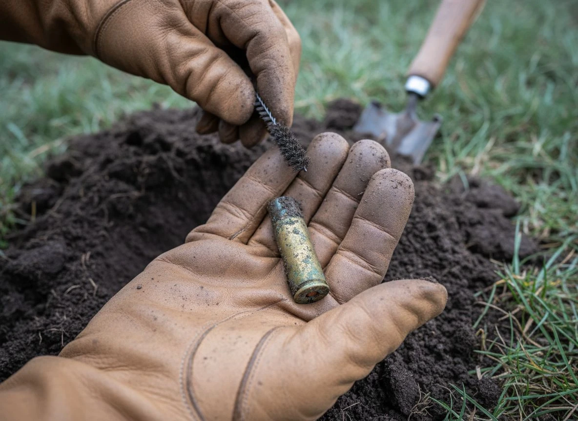 Close-up of dirty work gloves holding a fragile, green-crusted Civil War brass cartridge, with a wire brush poised nearby but not used.