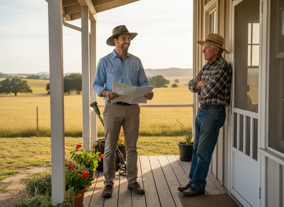 A detectorist has a friendly conversation with a landowner on the porch of a farmhouse.