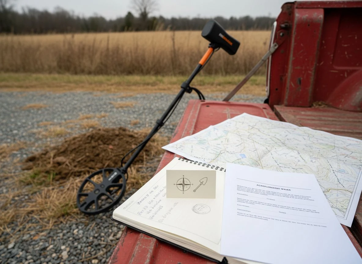 A permission kit laid out on a truck tailgate includes a business card, notebook, map, liability waiver, and a metal detector.