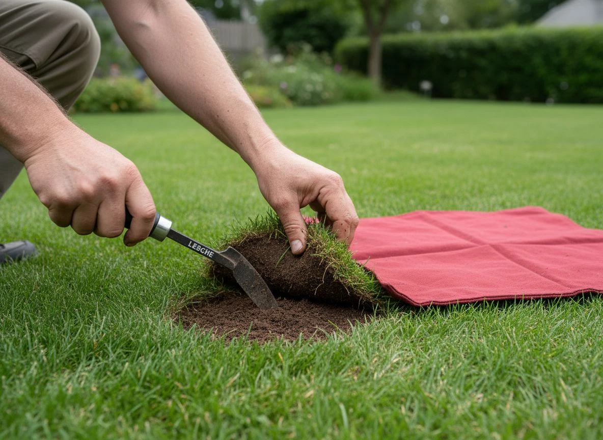 Close-up of a detectorist's hands cutting a neat three-sided plug in a lawn, demonstrating minimal impact.