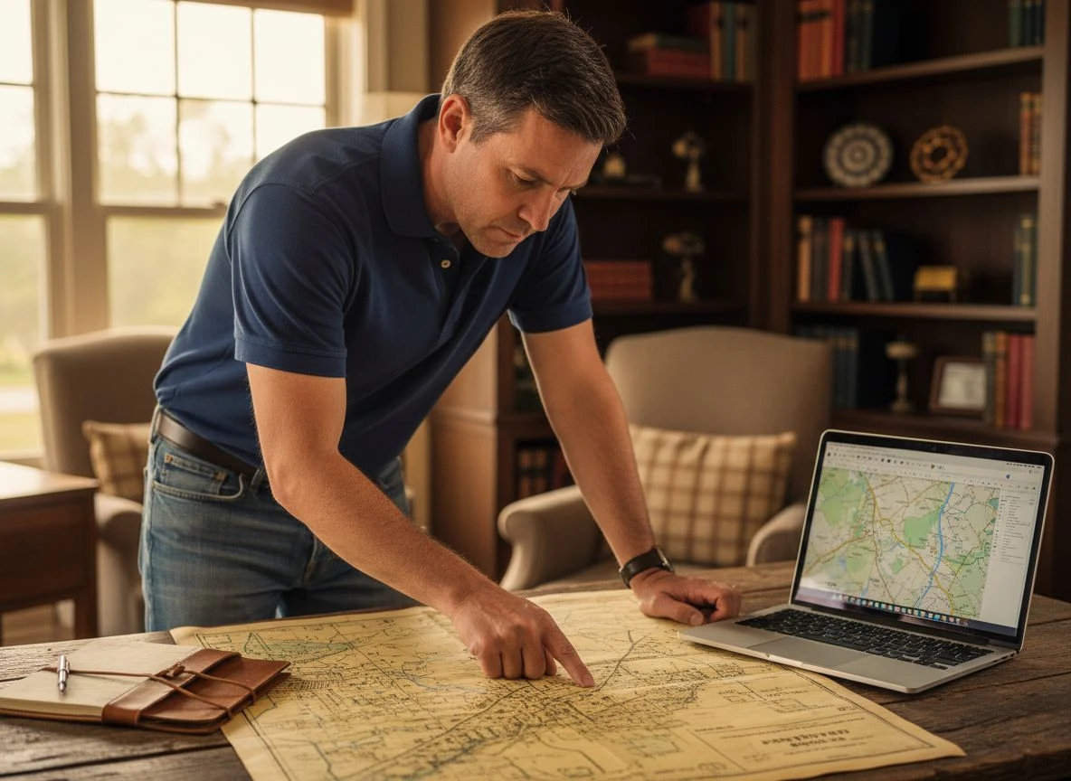 A detectorist researches a property using historical maps and a laptop on a wooden desk in a home office.