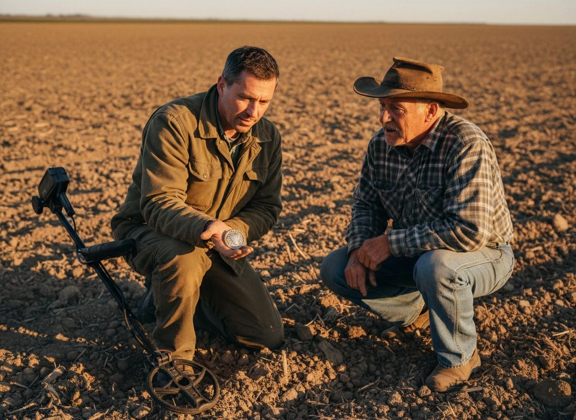 A detectorist kneels in a field showing a found coin to the interested landowner beside him.