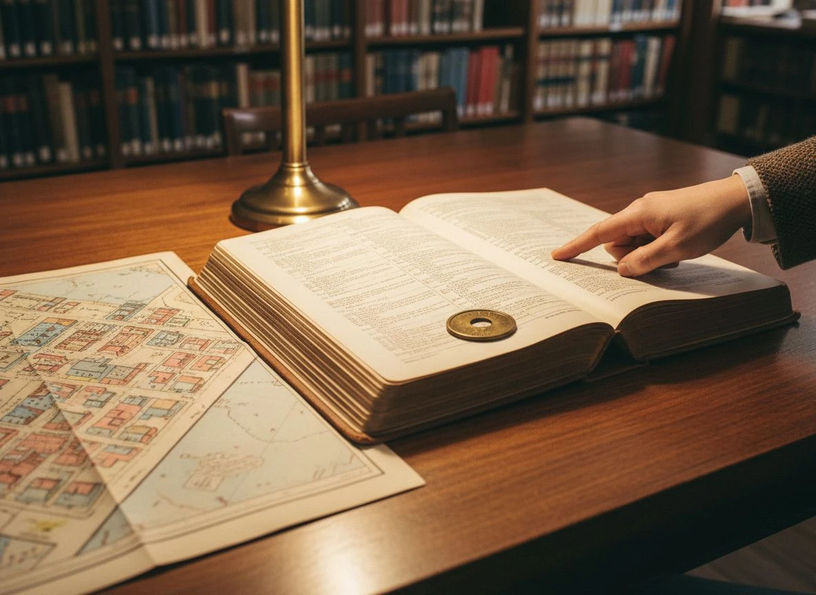 Open city directory book with a brass token and Sanborn map on a library table, a hand pointing to a business listing.