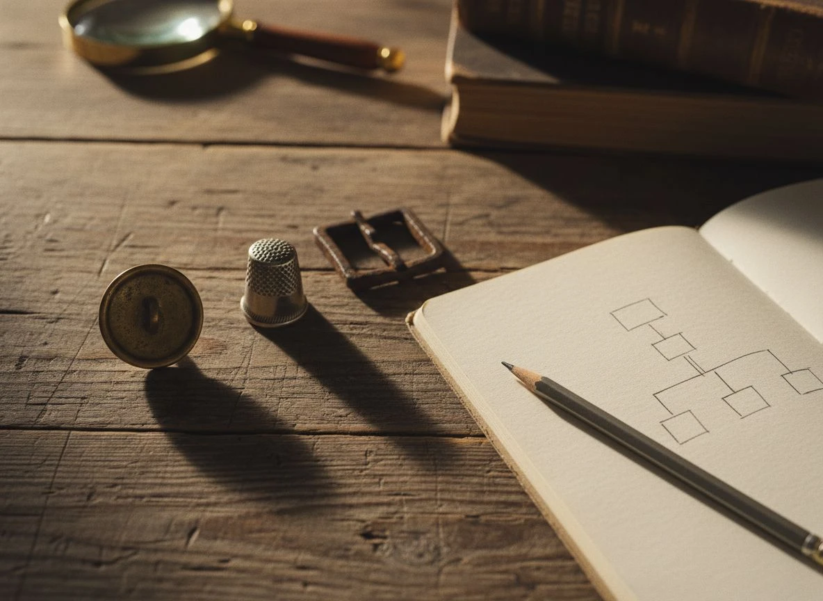 Flat lay of button, thimble, and buckle on wood next to a field notebook with a decision tree sketch.