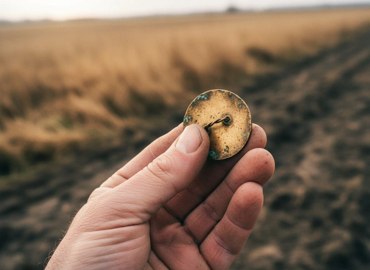 Weathered brass disc with wire shank held in a dirt-covered hand, outdoors at an old homestead site.