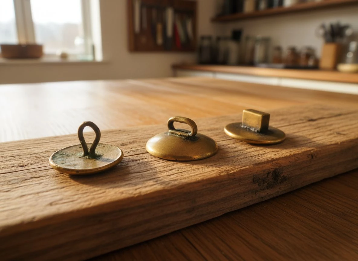 Three brass buttons with different shank types: wire, omega, and box shank, on a wooden surface.