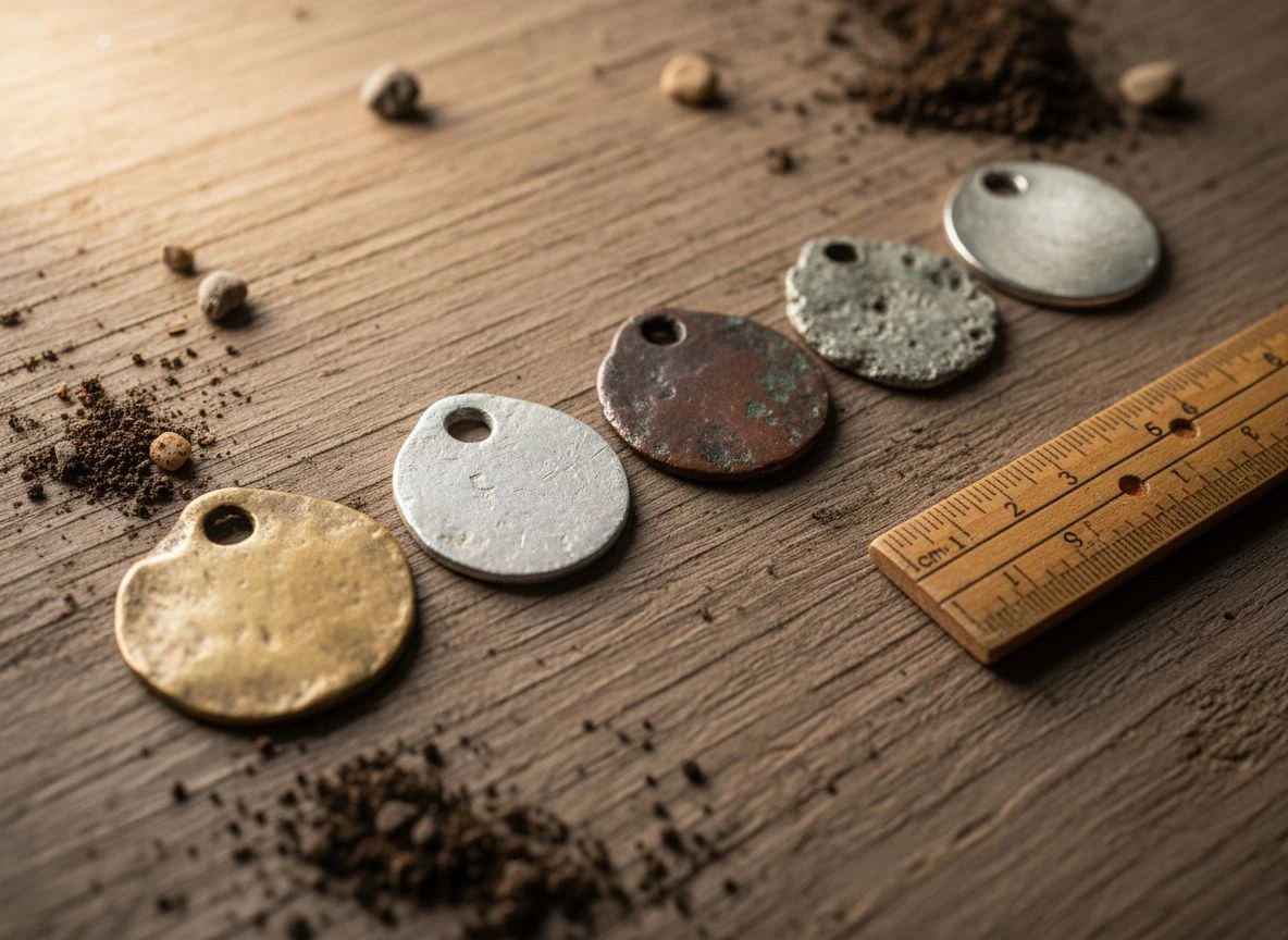 Five different metal tokens (brass, aluminum, copper, zinc, nickel) on weathered wood with a ruler for scale.