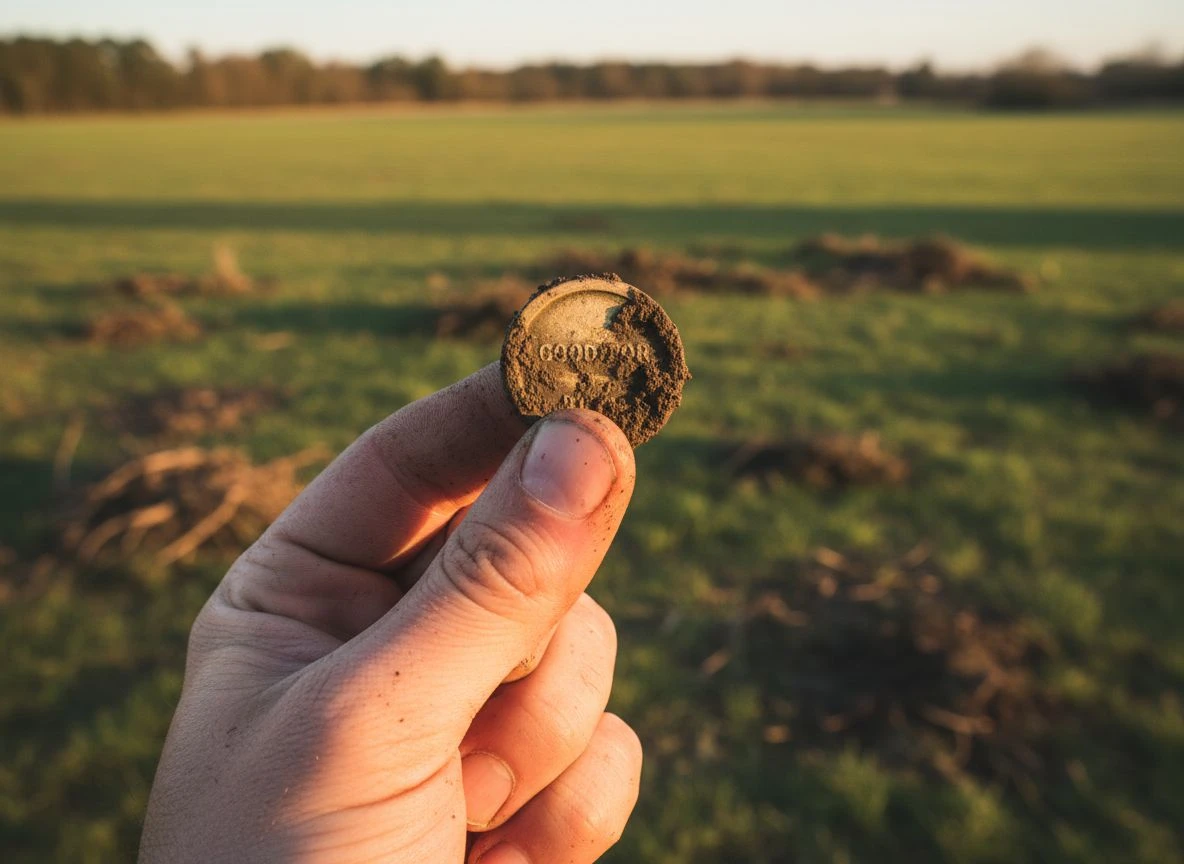 A muddy brass token held in a dirt-stained hand, showing faint GOOD FOR lettering in golden hour light.