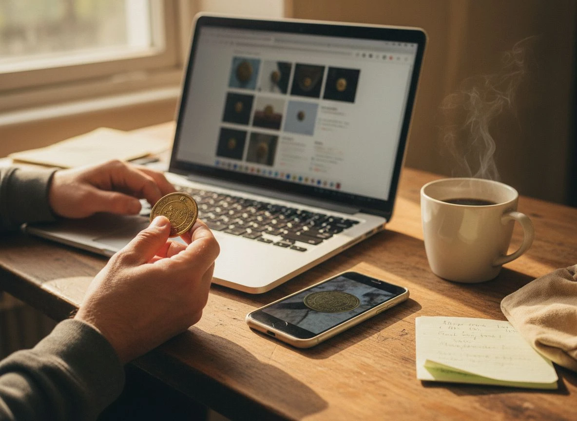 A person holding a brass token while typing on a laptop at a wooden desk, with a smartphone and finds pouch nearby.