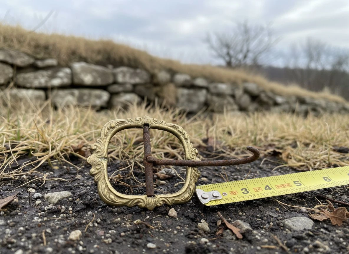 18th-century shoe buckle with curved frame and iron chape on dark soil with a measuring tape.