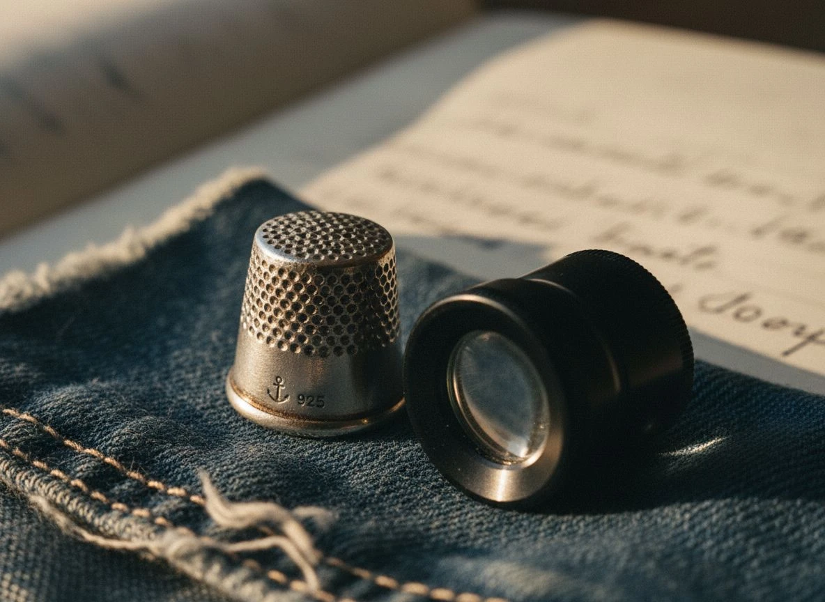 Silver thimble with Birmingham anchor hallmark and 925 stamp on denim next to a jeweler's loupe.