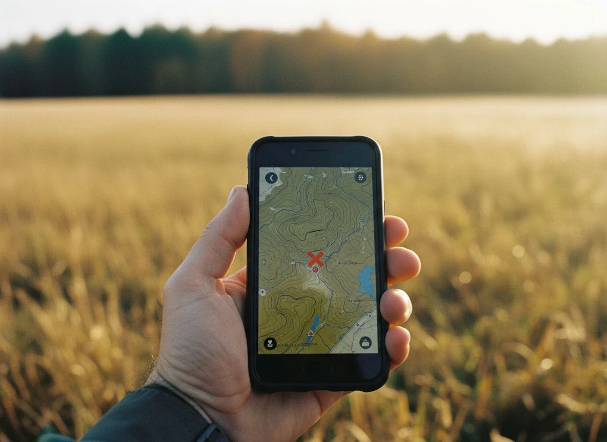 Hand holding smartphone with map overlay in a golden field