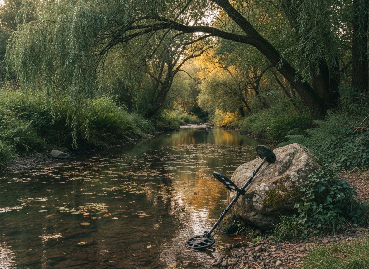Forgotten swimming hole with metal detector leaning against a rock