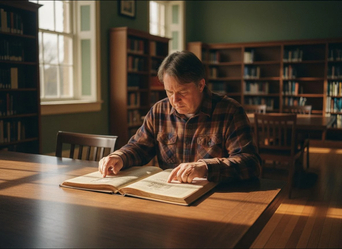 Person researching old newspapers at a library table with natural light