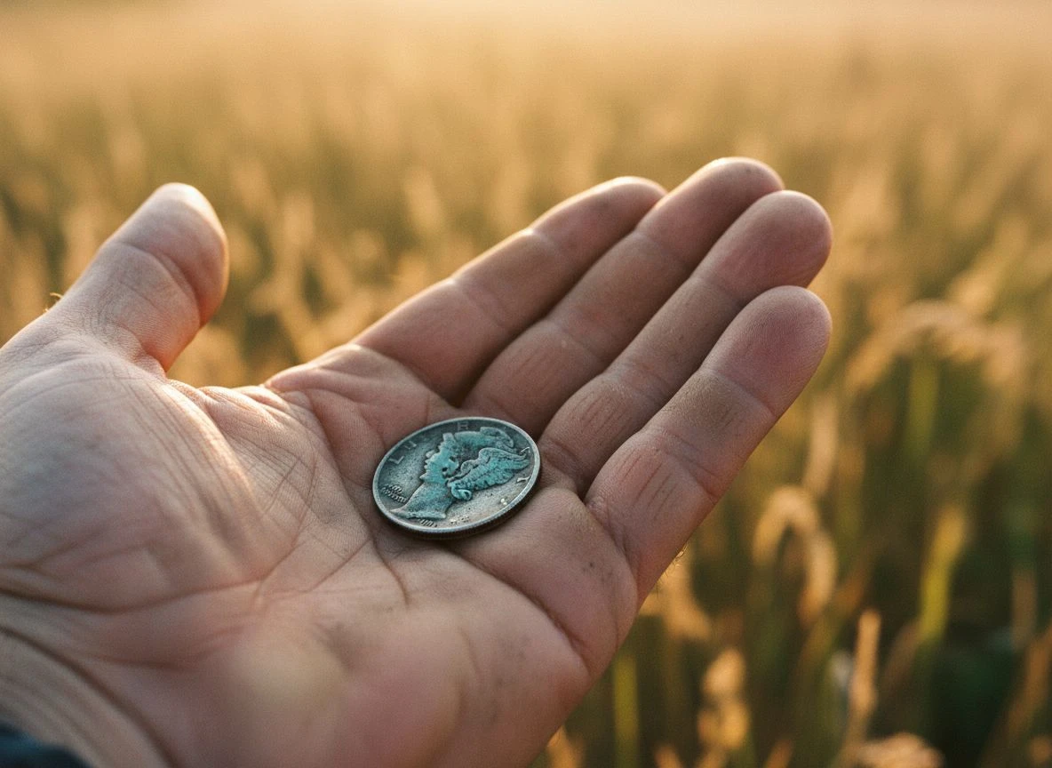 A bent Mercury dime held in a dirt-covered palm, with golden field in background