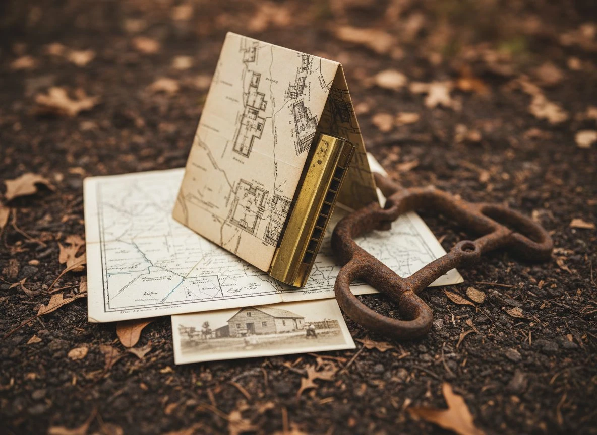A collection of alternative research materials—a bird's-eye view map, plat map, and old photo—alongside homestead relics like a harmonica reed and horse bit, sitting on soil.