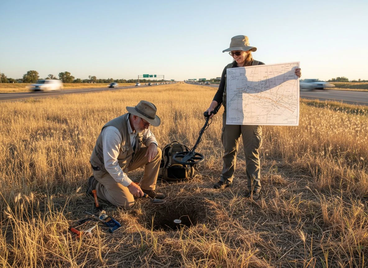Two metal detectorists in a highway median, one digging a target while the other holds a transparent overlay of a Sanborn map against the modern landscape.