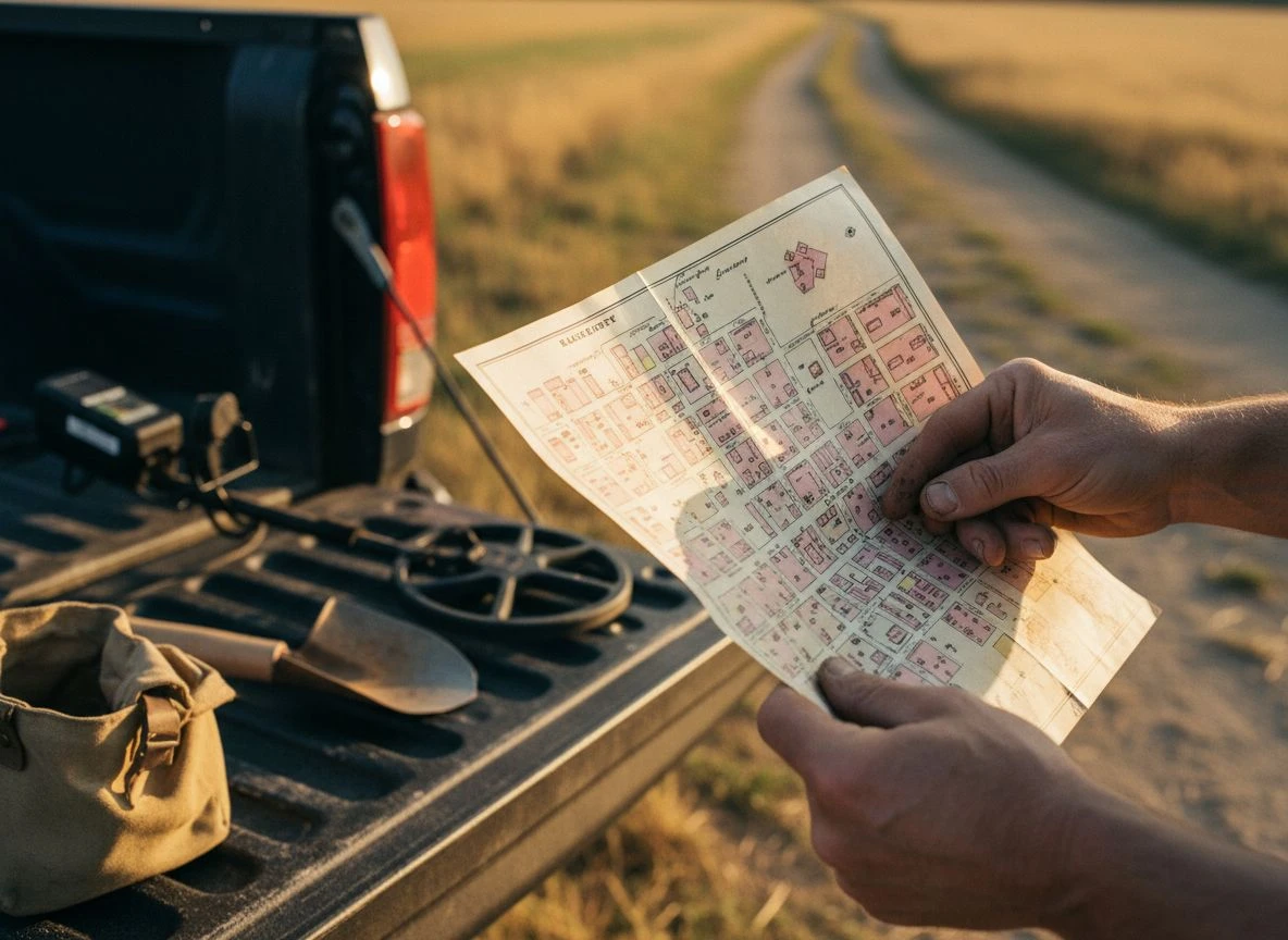 Close-up of a detectorist's weathered hands holding an old Sanborn map, pointing to a confectionery shop location on the detailed, folded paper.