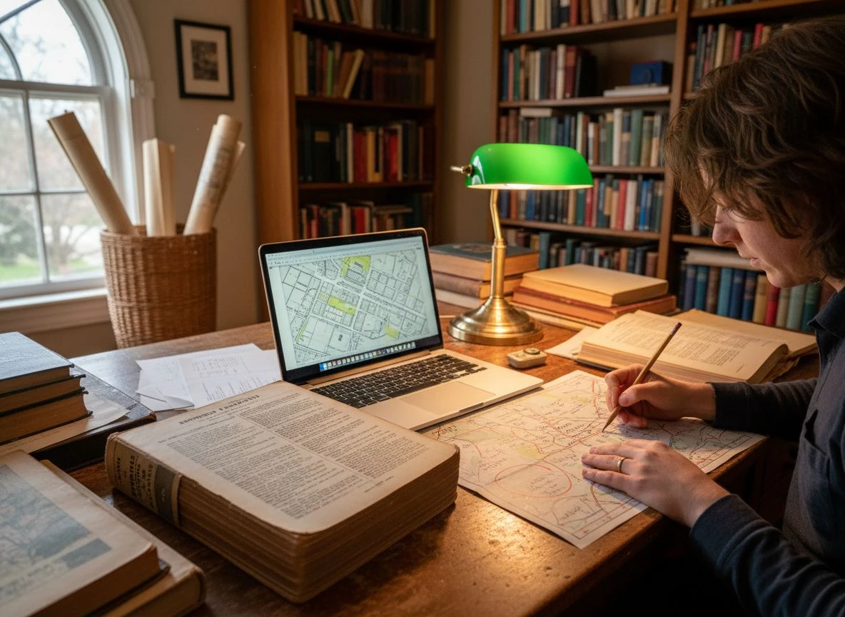 A researcher cross-references a vintage city directory with a digital Sanborn map on a laptop to translate a historical address.