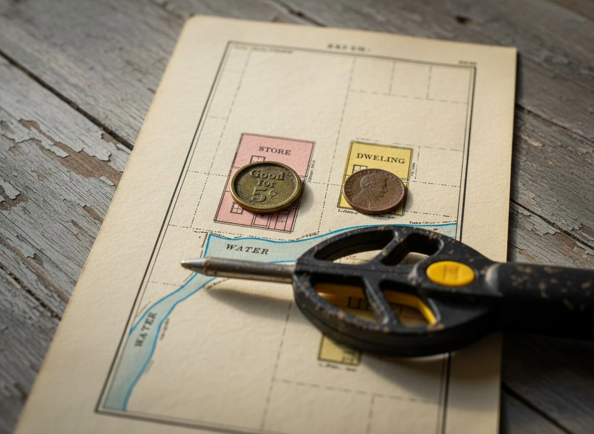 Overhead shot of a Sanborn map with period relics and a modern pinpointer placed directly on the illustrated building footprints they were found at.