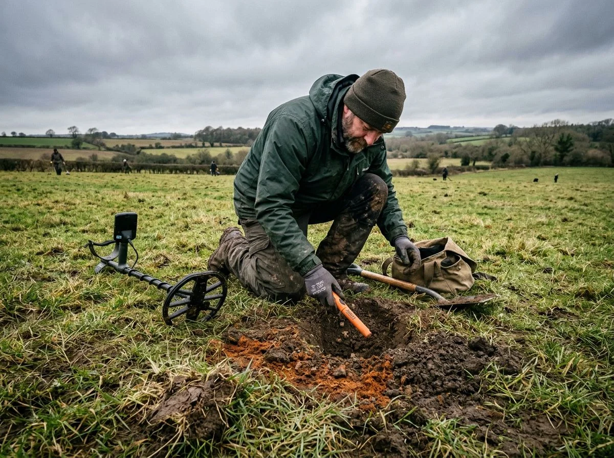 Detectorist kneeling beside a small hole with reddish iron staining in the soil, holding a pinpointer