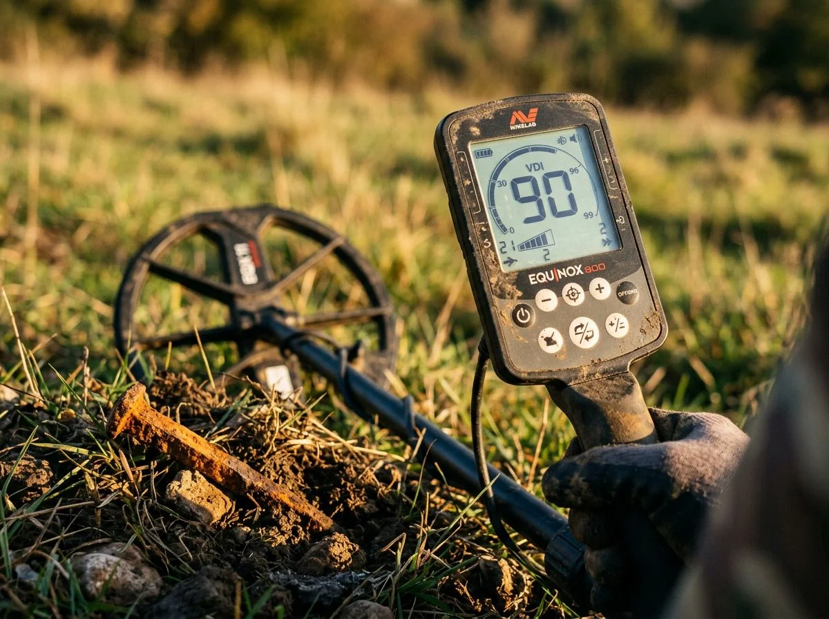 Metal detector display showing a high target ID number while the coil sits next to a rusted iron nail in the grass